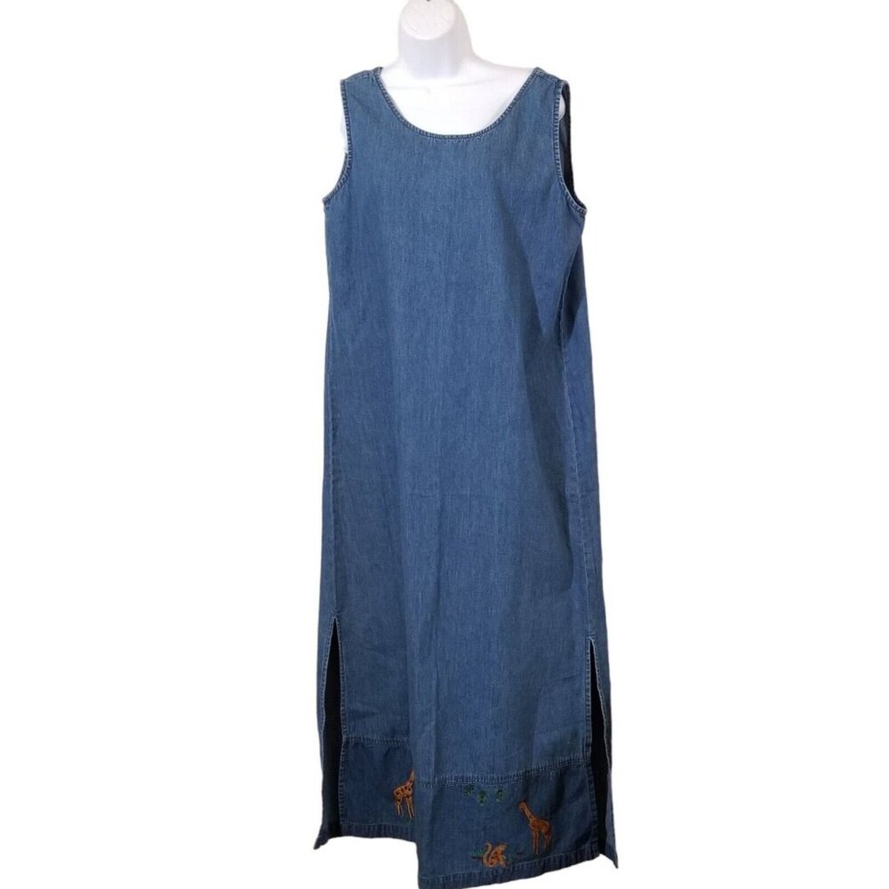 VTG‎ Jane Ashley Denim Jumper Dress M/L Embroidered Jungle Animals Cottage Core
